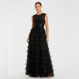NWT $498 MAC DUGGAL Ruffle Tiered Sequin High Neck Gown DRESS BLACK MAXI 27055
